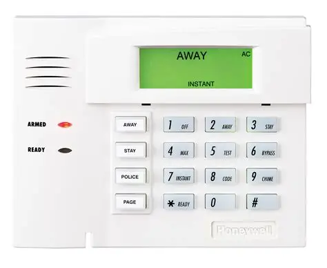 Honeywell LCD alarm keypad showing an armed away system